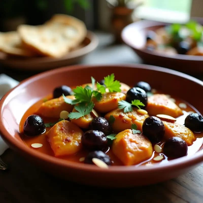 Plato hondo de barro con samla tunecina: trozos dorados de pechuga de pollo bañados en salsa espesa con ciruelas pasas oscuras, almendras tostadas y cilantro fresco picado. Acompañado de pan de pita y decorado con especias.