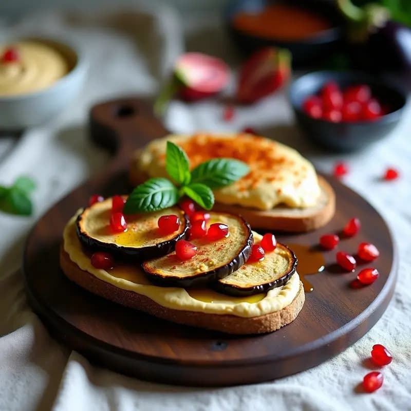 Bocadillo abierto libanés sammi con pan de trigo sarraceno sin gluten, relleno de hummus cremoso, rodajas de berenjena asada dorada, semillas de granada rojas y hojas de menta fresca, servido en plato de madera rústico.