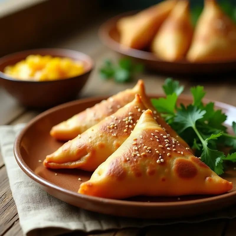 Samoosas sudafricanas veganas doradas en forma de triángulo, rellenas de batata y guisantes, con semillas de sésamo espolvoreadas, servidas en un plato de barro rústico.