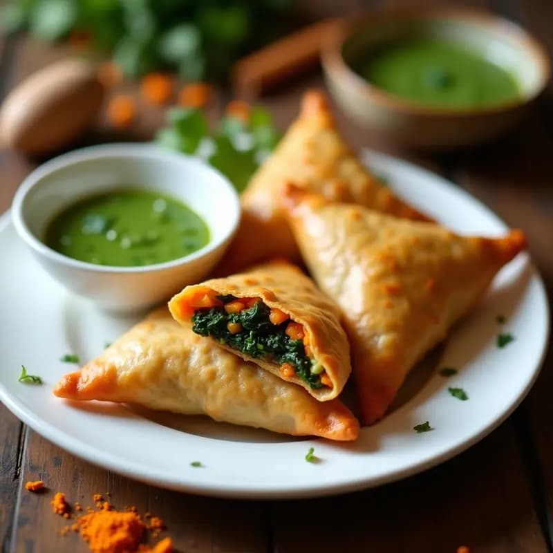 Samosas doradas y crujientes de batata y espinacas servidas en un plato de cerámica blanca, acompañadas de un bol pequeño con salsa de cilantro verde brillante. Receta india en airfryer con textura perfecta y especias visibles en el relleno.
