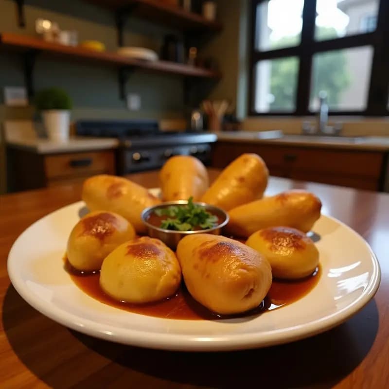 Plato blanco con samosas doradas y crujientes de batata y guisantes, servidas con un bol pequeño de chutney de tamarindo oscuro. Decoradas con cilantro fresco y semillas de sésamo, sobre un mantel de lino beige.