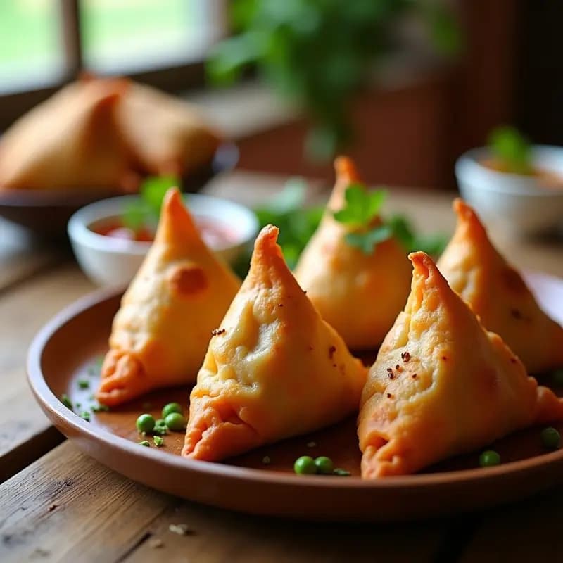 Samosas indias de batata y guisantes doradas y crujientes sobre una bandeja de madera, acompañadas de un bol pequeño con salsa de tamarindo oscura y semillas de sésamo espolvoreadas.