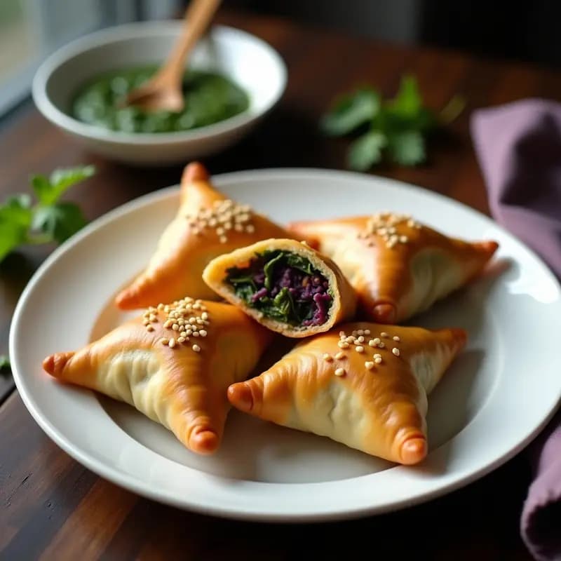 Samosas doradas y crujientes de batata morada y espinacas, dispuestas en un plato de madera con hojas de cilantro fresco. Entrante indio vegano hecho en Thermomix, con un relleno vibrante y una corteza perfectamente sellada.