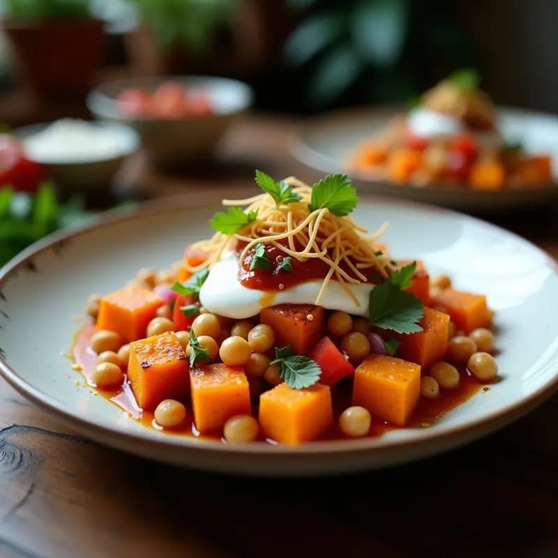 Bol de cerámica blanco lleno de samosa chaat: capas de yogur de coco cremoso, batata asada dorada con cúrcuma, garbanzos crujientes, cebolla morada picada, semillas de granada rojas y hojas de cilantro y menta fresca. Espolvoreado con chaat masala y bañado en chutney de tamarindo brillante, sobre fondo de madera rústica con especias indias al lado.