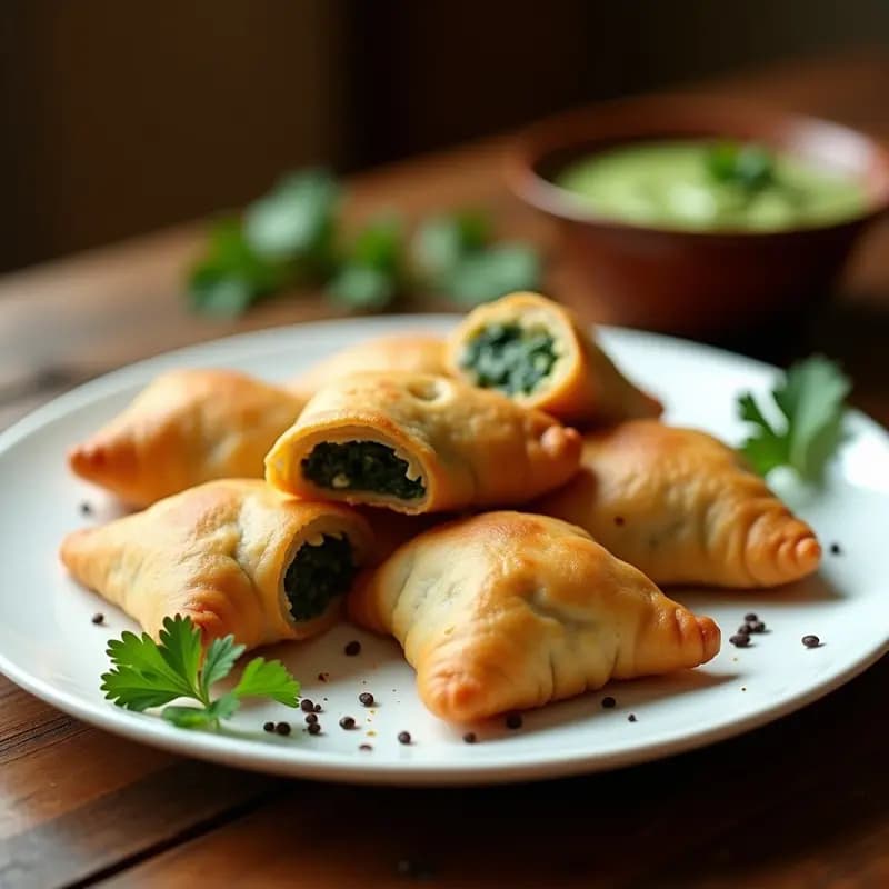 Samosa dorada y crujiente rellena de espinacas y queso paneer, con especias de comino visibles en el relleno, servida en plato blanco con chutney verde al lado. Receta india frita con masala de comino.