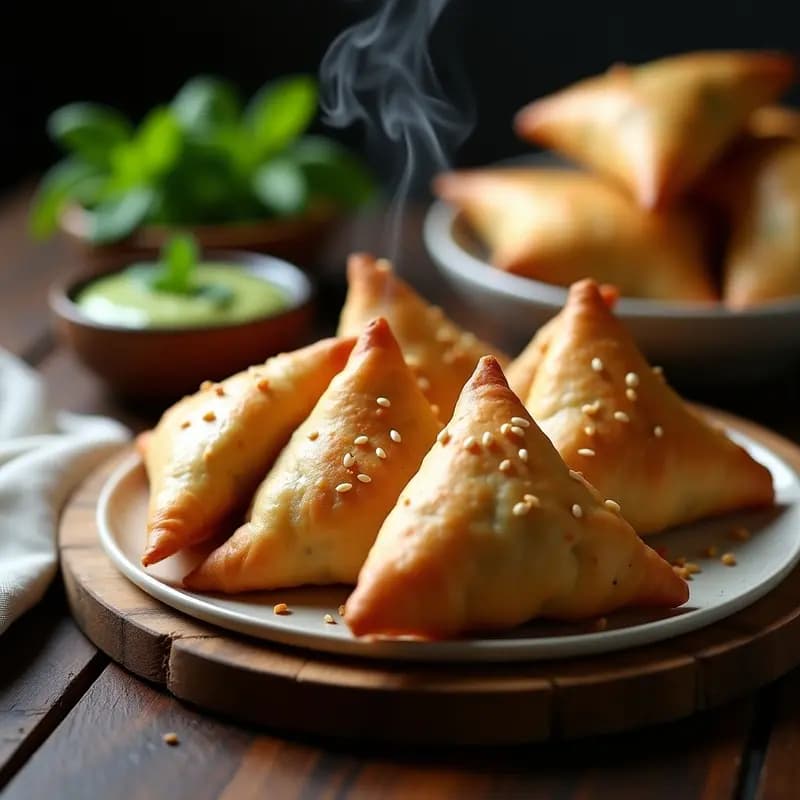 Samosas de garbanzo y espinacas al horno doradas y crujientes, con semillas de sésamo, servidas en bandeja de madera con chutney de menta al lado. Receta india vegana sin aceite.