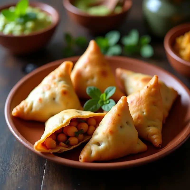 Samosas doradas y crujientes con forma de media luna, rellenas de garbanzos y patata, servidas en un plato de barro con chutney de menta verde al lado. Receta india vegana y sin gluten.