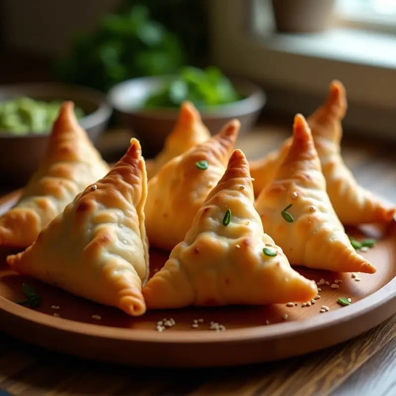 Samosa de queso paneer y guisantes con masa de harina integral dorada y crujiente, cortada por la mitad para mostrar el relleno cremoso de paneer desmenuzado, guisantes verdes y especias, servida en plato de barro con hojas de cilantro y chutney de tamarindo al lado.