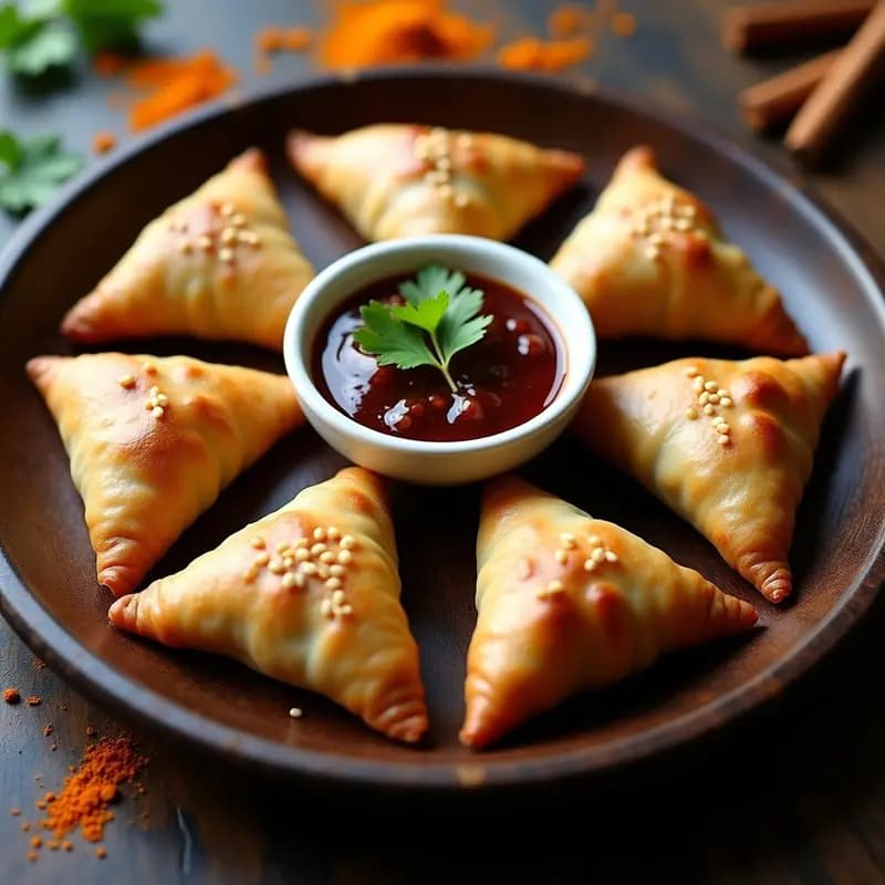 Samosa de patata morada y guisantes dorada y crujiente en airfryer, servida en plato blanco con salsa de tamarindo oscura y cilantro fresco, entrantes indio sin fritura.