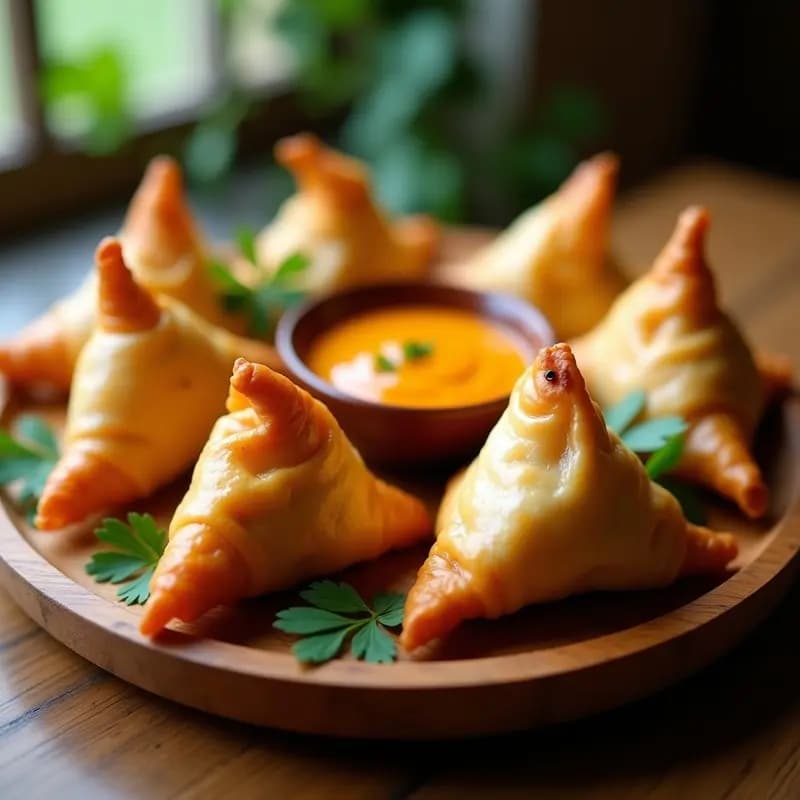 Samosas doradas y crujientes de batata y espinacas servidas en un plato de cerámica blanca con salsa de mango brillante en un bol pequeño, decoradas con hojas de cilantro fresco.