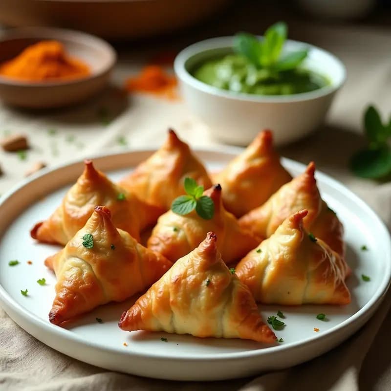 Samosas de batata y guisantes doradas y crujientes servidas en un plato de cerámica blanca, acompañadas de un bol pequeño con chutney de mentas verde brillante, sobre un mantel de lino beige con especias indias al fondo.