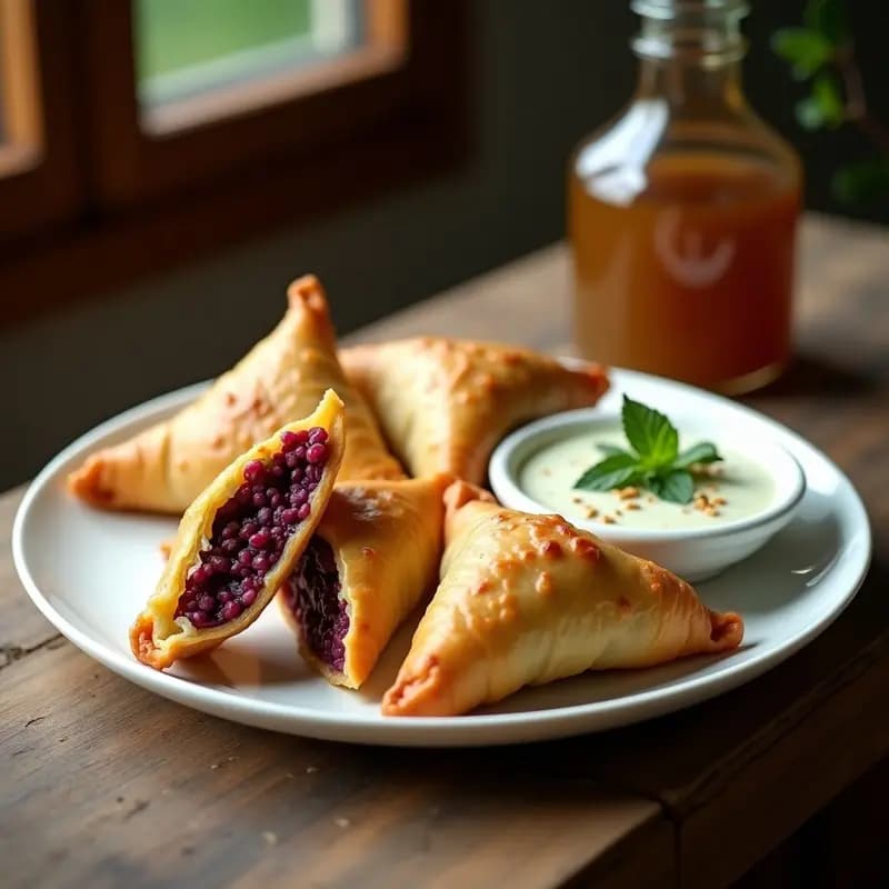 Samosas de batata morada y guisantes al horno doradas y crujientes, dispuestas en un plato de cerámica blanca con salsa de mint-coriandro verde cremosa al lado. Decoración con hojas de menta fresca y semillas de comino.