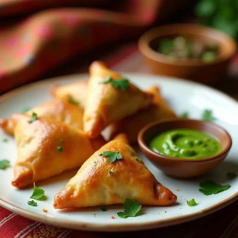 Samosas doradas y crujientes de carne picada y guisantes, apiladas en un plato de cerámica blanca con chutney de menta verde al lado, receta india en airfryer.