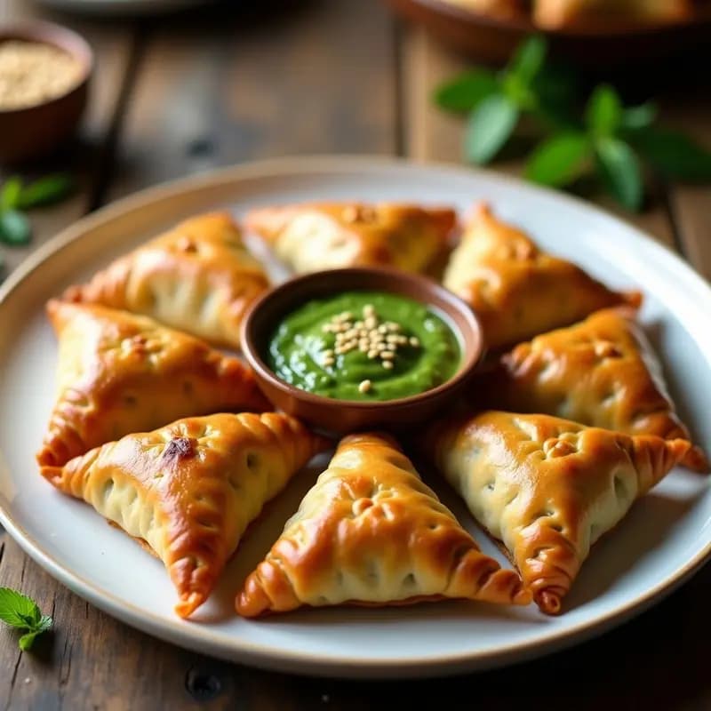 Samosas doradas y crujientes rellenas de col rizada y patata, servidas en plato de cerámica con salsa verde de mentas en un bol pequeño, receta pakistaní en olla rápida.