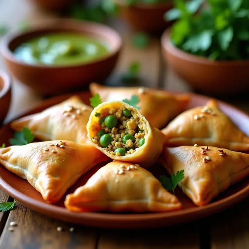 Samosas de coliflor y guisantes al horno con masa integral doradas y crujientes, servidas en una bandeja de madera rústica con semillas de sésamo y acompañadas de chutney verde, receta indía saludable.