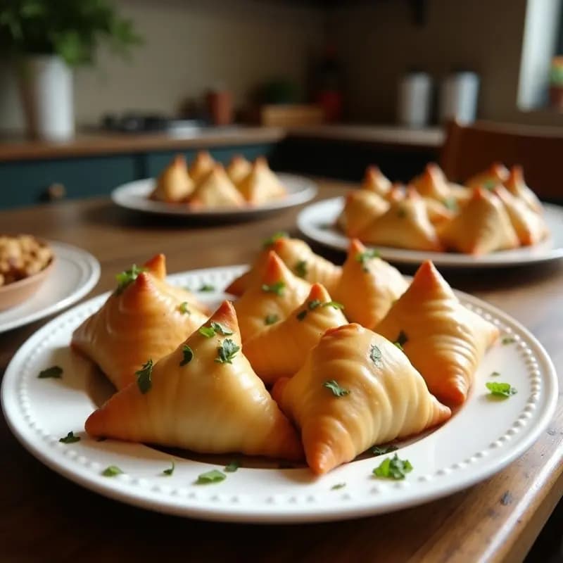 Samosas doradas y crujientes de coliflor y pasas al horno, dispuestas en bandeja rústica de madera con semillas de sésamo visibles, acompañadas de hojas de cilantro fresco y un bol de chutney verde al fondo.
