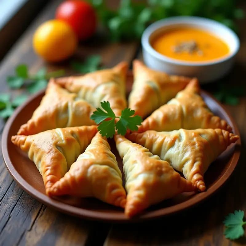 Samosas de coliflor y patatas doradas y crujientes en airfryer, dispuestas en un plato de madera con chutney de mango en un bol pequeño al lado, espolvoreadas con semillas de sésamo.