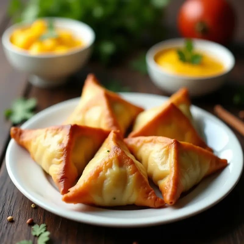 Samosas doradas y crujientes de coliflor y queso paneer servidas en un plato de cerámica blanca con chutney de mango amarillo en un bol pequeño, decoradas con hojas de cilantro fresco sobre fondo rústico de madera.
