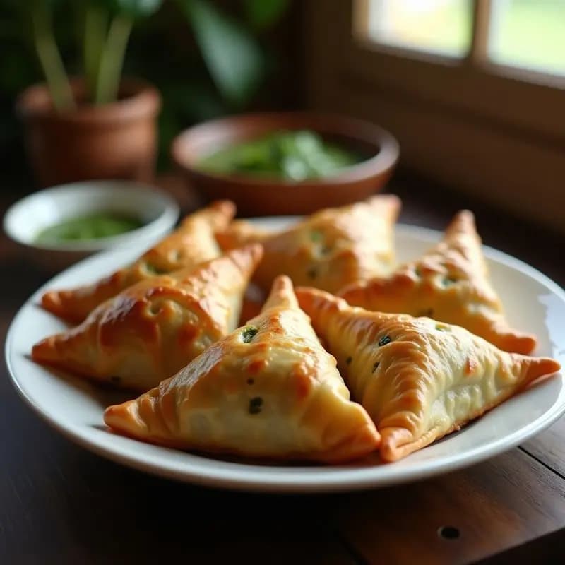 Samosas de espinacas y patata doradas y crujientes en airfryer, con capas de hojaldre integral visibles y relleno verde aromático, servidas en un plato de cerámica blanca con chutney de menta al lado.