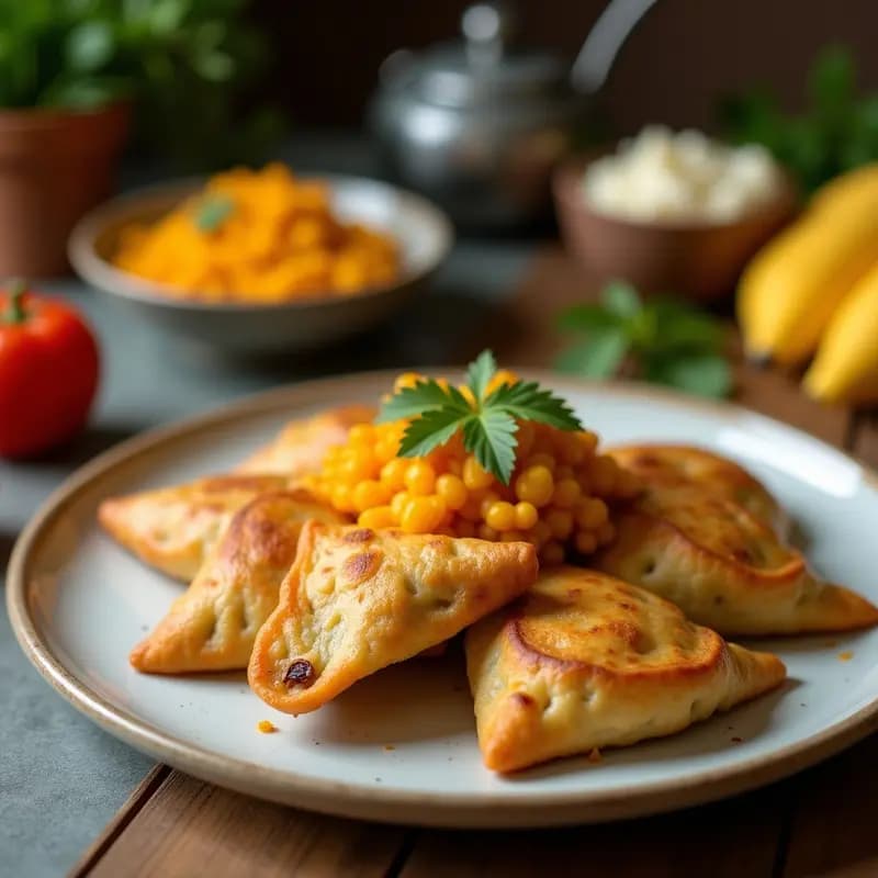 Samosas doradas de garbanzo y calabaza con textura crujiente, servidas en plato blanco con salsa de mango brillante y semillas de sésamo. Aperitivo indio vegano y sin gluten hecho en Thermomix.