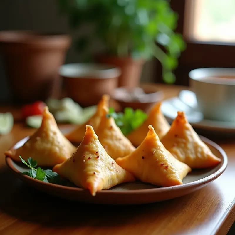 Samosas doradas y crujientes de garbanzos y calabaza en airfryer, sin masa tradicional, con semillas de sésamo, servidas en plato blanco con chutney verde al lado.