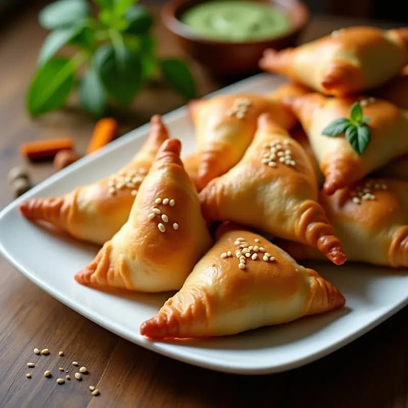 Samosas indias doradas y crujientes rellenas de patata y guisantes con masala, servidas en una bandeja de madera con chutney verde al lado, receta tradicional en airfryer.