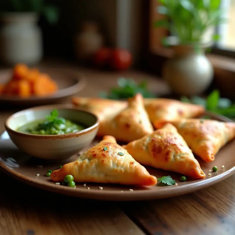 Samosas indias doradas y crujientes en forma de triángulo, con relleno de patatas y guisantes, servidas en un plato de cerámica blanca con chutney verde al lado. Receta de samosas indias de patatas y guisantes crujientes en airfryer sin fritura.