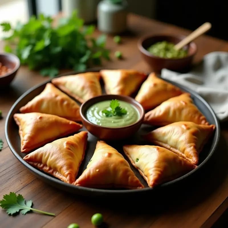 Bandeja de samosas de patata y guisantes al horno, doradas y crujientes, con capas visibles de hojaldre integral y relleno aromático, servidas sobre papel de horno con hojas de cilantro fresco.