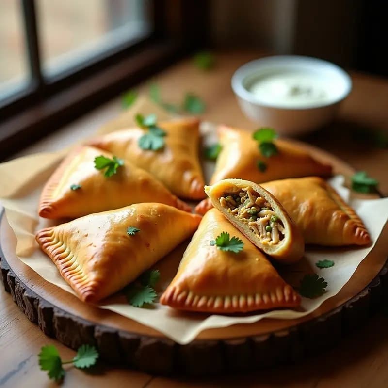 Samoussa de pollo y alcachofas doradas y crujientes, dispuestas en un plato blanco con hojas de perejil fresco y salsa de yogur al lado. Receta de empanadillas francesas con influencia norteafricana.