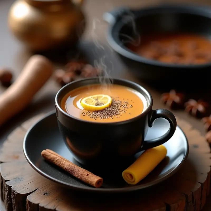 Olla de hierro fundido humeante con samovarp de té chai especiado, servido en tazas de barro con decoración de almendras tostadas y especias enteras alrededor.