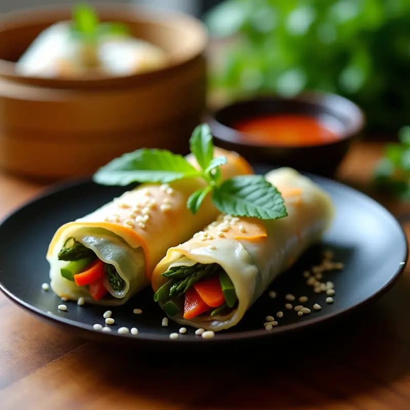 Rollitos tayos de samrong al vapor con papel de arroz translúcido, rellenos de verduras coloridas y hierbas frescas, servidos sobre una bandeja de bambú con salsa de tamarindo y cacahuete espesa y brillante, decorados con semillas de sésamo y rodajas de lima.
