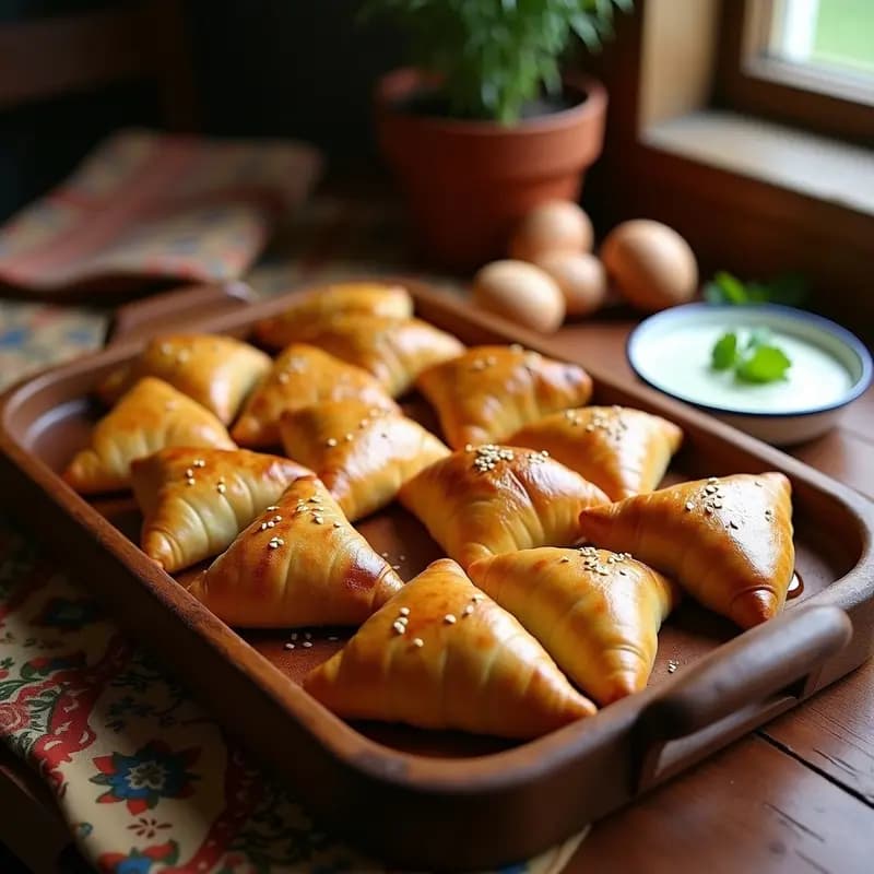 Bandeja de horno con samsa uzbekas doradas y crujientes, rellenas de carne de cordero y cebolla, espolvoreadas con semillas de sésamo, servidas sobre papel de horno.