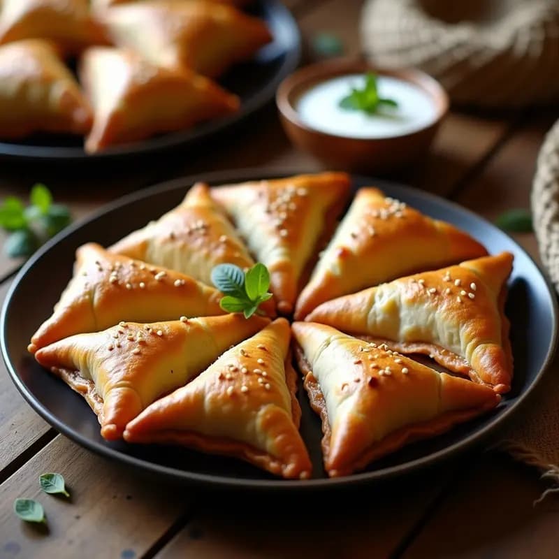 Samsa uzbeka al horno con masa de yogur dorada y crujiente, rellena de carnes mixtas y comino, espolvoreada con semillas de sésamo sobre una bandeja de madera rústica.