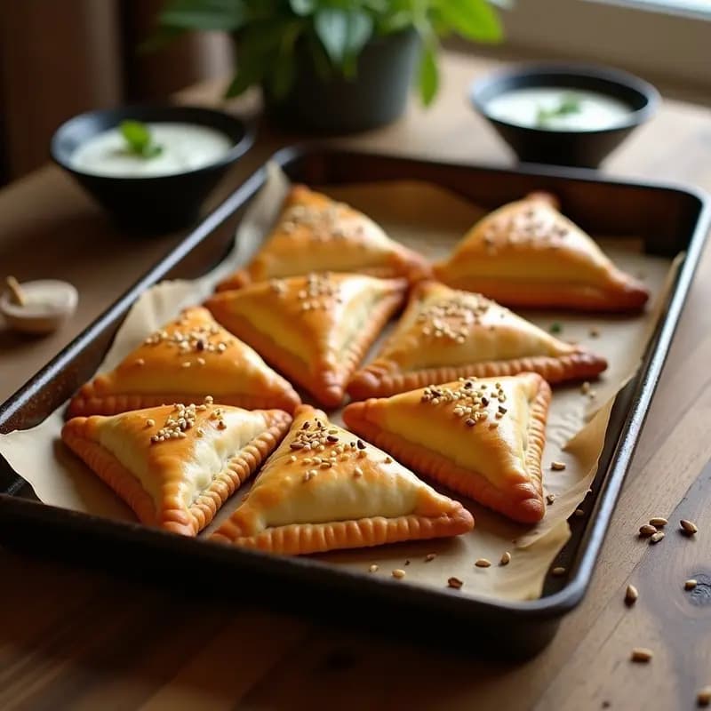 Samsa uzbekistana dorada y crujiente al horno, rellena de calabaza y queso de cabra ahumado, dispuesta en bandeja de madera con semillas de sésamo negro y hierbas frescas.