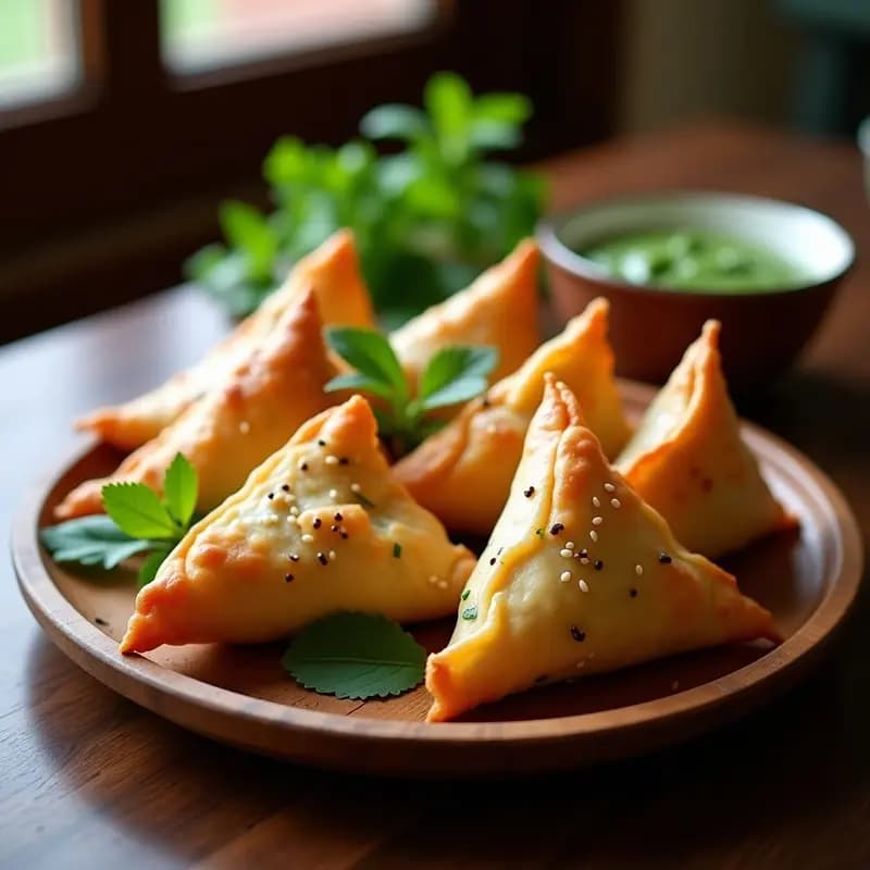Samusas doradas y crujientes de espinacas y panir en airfryer, servidas en plato de madera con semillas de sésamo y acompañadas de chutney de menta, receta india vegetariana.