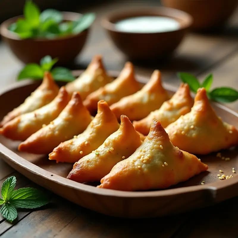 Samusas de garbanzo y espinacas al horno, doradas y crujientes, dispuestas en una bandeja de madera con hojas de menta fresca y semillas de sésamo visibles. Aperitivo indio crudivegano listo para servir.