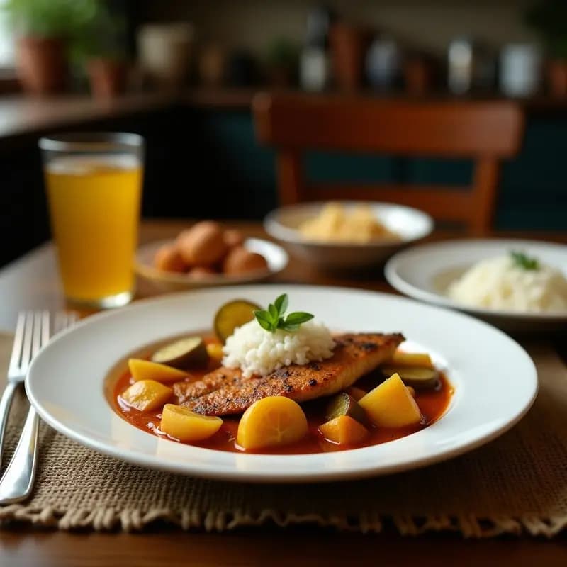 Plato hondo de barro con sancaochado colombiano de pescado: filetes de merluza en salsa cremosa de leche de coco, rodajas de plátano verde y trozos de cebolla morada, decorado con cilantro fresco. Receta costera auténtica.