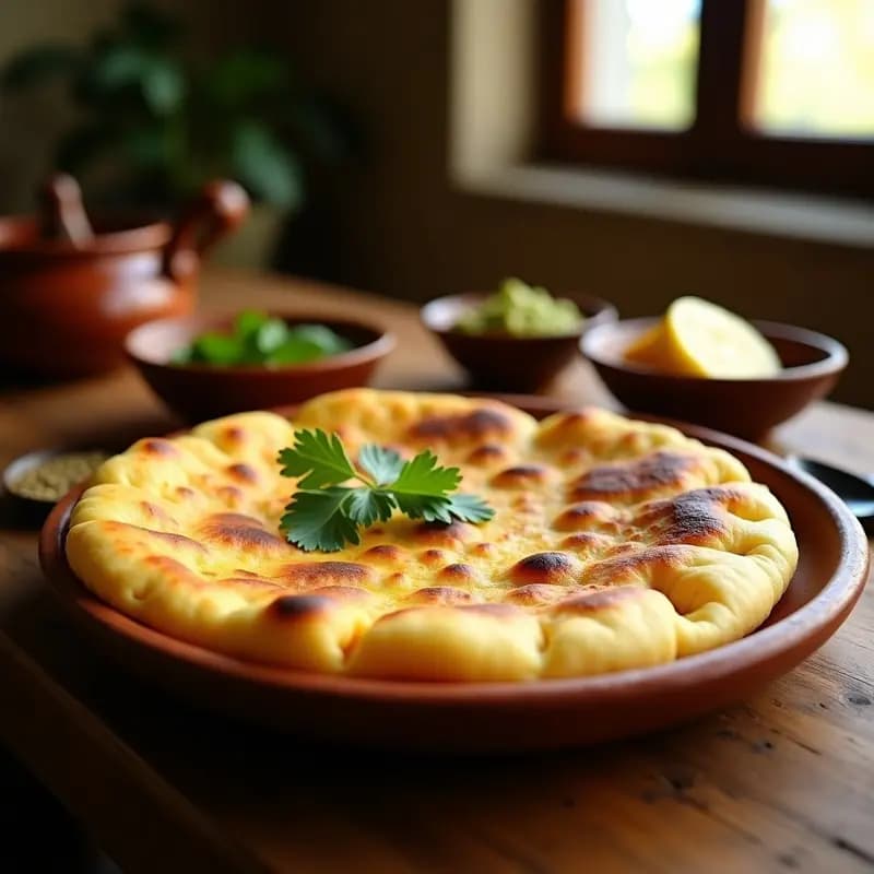 Sandomir Indio relleno de patata y especias al estilo Bombay, pan plano dorado con textura esponjosa y relleno aromático, servido en plato de barro con chutney verde.