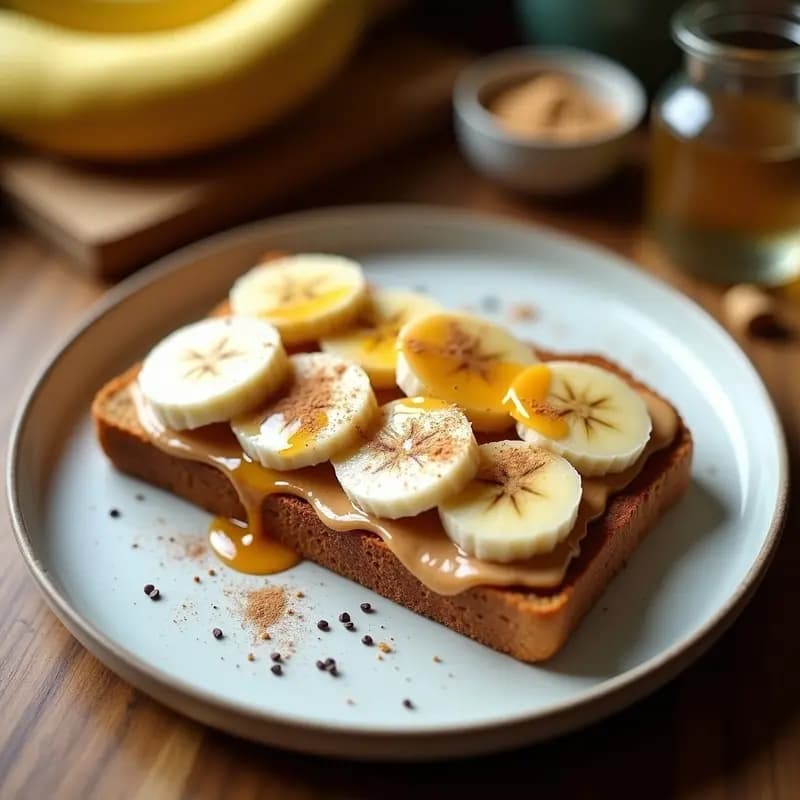 Sándwich abierto de pan integral con capas de mantequilla de cacahuete, rodajas de banana, semillas de chía y canela, sobre un plato blanco rústico con fondo de madera clara.
