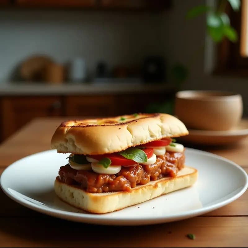 Sándwich abierto de pan de centeno tostado con una capa gruesa de paté de alcachofas cremoso, hojas de rúcula fresca y tomates cherry cortados por la mitad, servido en un plato de madera rústico con fondo de cocina italiana.