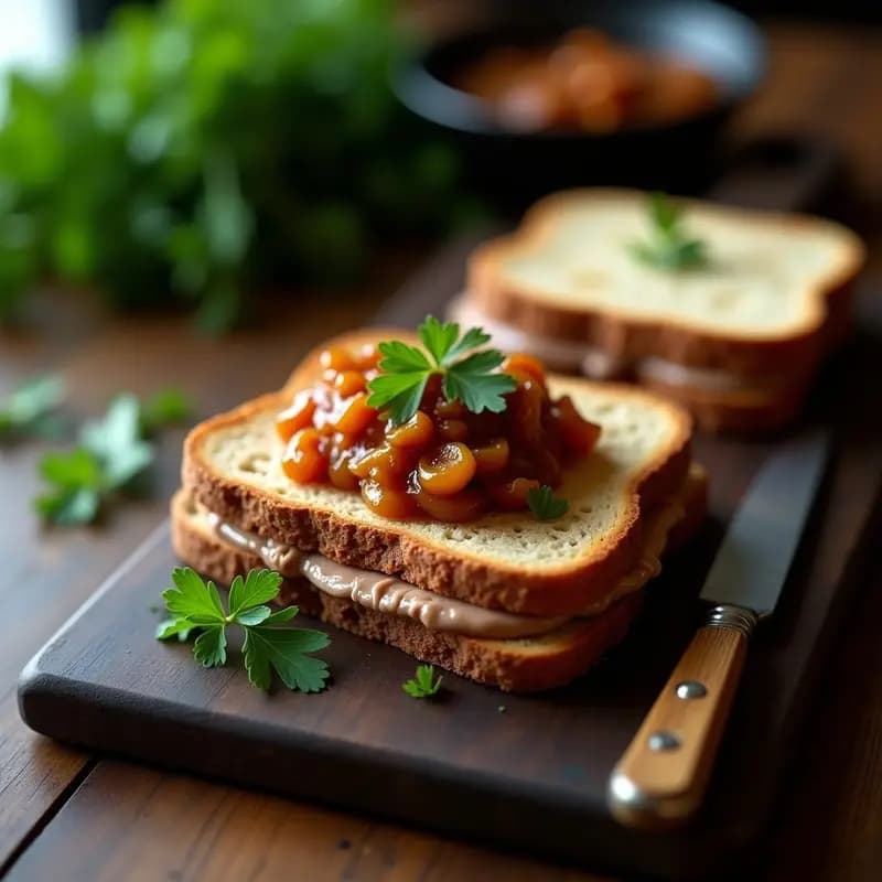Sándwich abierto de pan de centeno tostado con una capa cremosa de paté de hígado de pollo y compota de cebolla caramelizada, decorado con perejil fresco sobre una tabla de madera rústica.