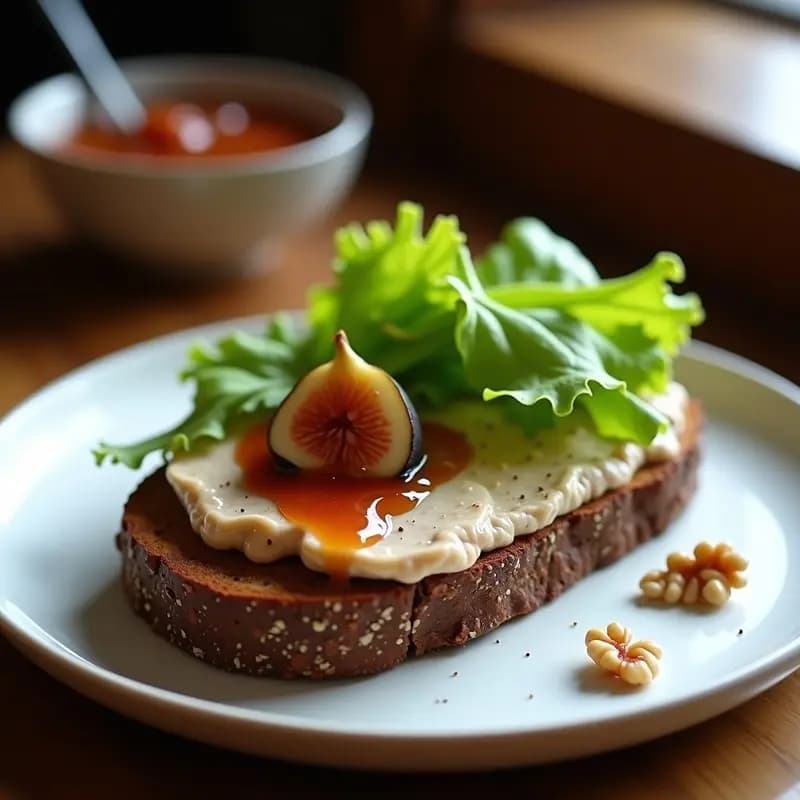 Sándwich abierto de pan de centeno tostado con paté de hígado de pollo cremoso, hojas de lechuga fresca y mermelada de higo brillante, servido en plato blanco rústico con fondo de madera.