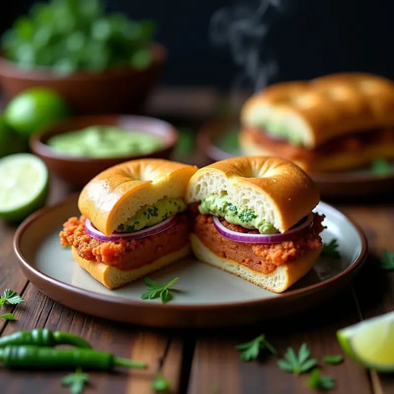 Sándwich abierto de chicharrón de cerdo dorado y crujiente con salsa verde cremosa, cebolla morada y pan francés tostado, típico desayuno peruano hipercalórico.