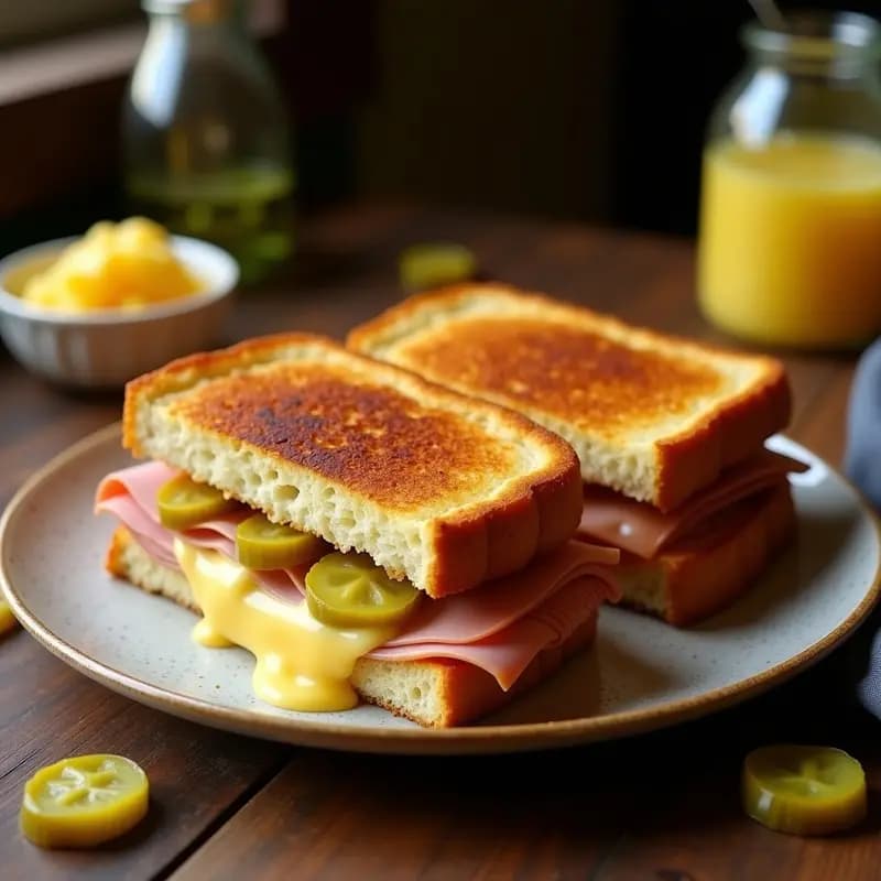 Sándwich cubano contundente con capas de lomo de cerdo, jamón cocido, queso suiza fundido y pepinos en vinagre, prensado y dorado a la plancha, servido en tabla de madera con mostaza dulce al lado.