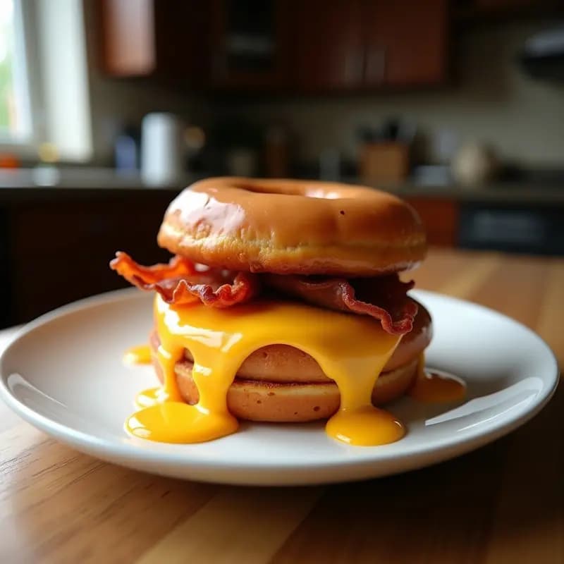 Sándwich alto y apetitoso con donuts glaseados como pan, relleno de bacon crujiente, queso cheddar derretido y huevo frito, con un chorrito de salsa barbacoa. Receta de desayuno hipercalórico y tentador.