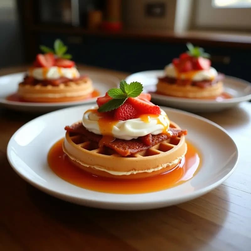 Sándwich abocado mostrando gofres dorados rellenos de queso brie derretido, bacon crujiente y mermelada de fresa, con un hilo de crema espesa colando. Plato de fondo rústico con migas de gofre y un tenedor.