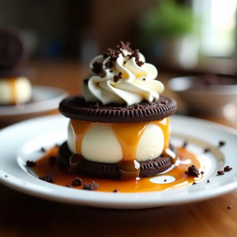 Sándwich de Helado de Vainilla entre Galleta Oreo y Sirope de Caramelo: Postre para Amantes del Dulce