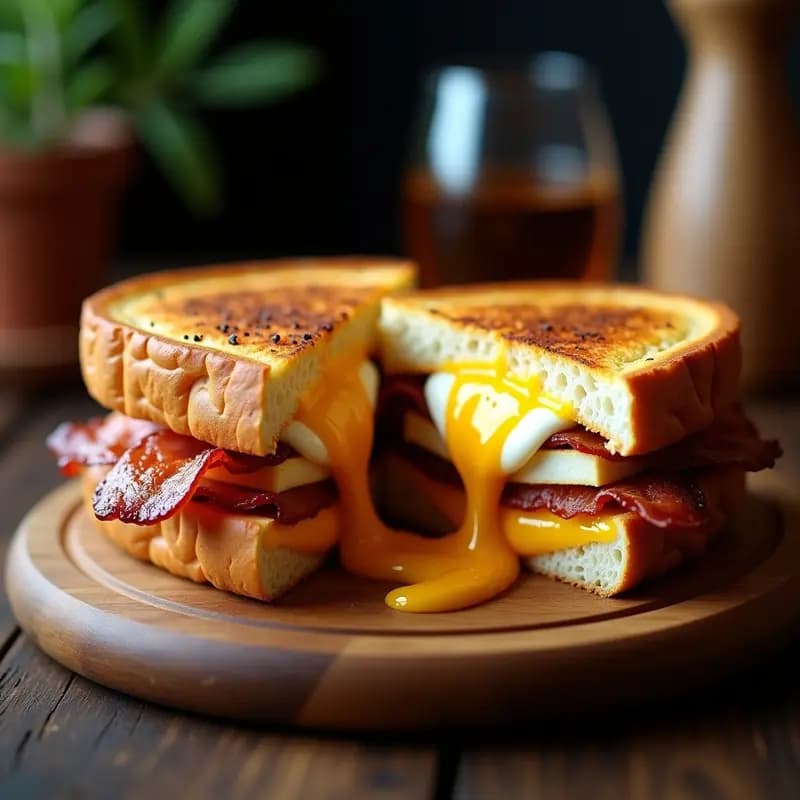 Sándwich de helmado abierto mostrando capas de queso gratinado dorado, bacon crujiente y huevo frito con yema líquida, sobre fondo rústico de madera. Receta de desayuno ultracontundente.