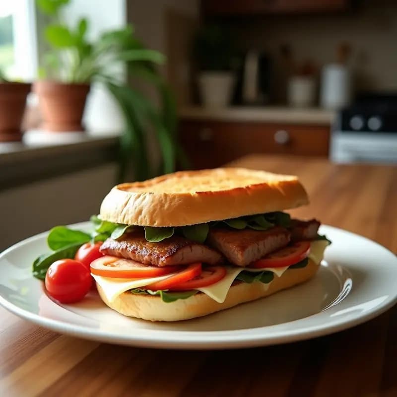 Sándwich de lomo adobado con queso provolone derretido y pimientos asados, servido en pan de chapata tostado y dorado, con cebolla morada caramelizada. Receta peruana contundente y llena de sabor.