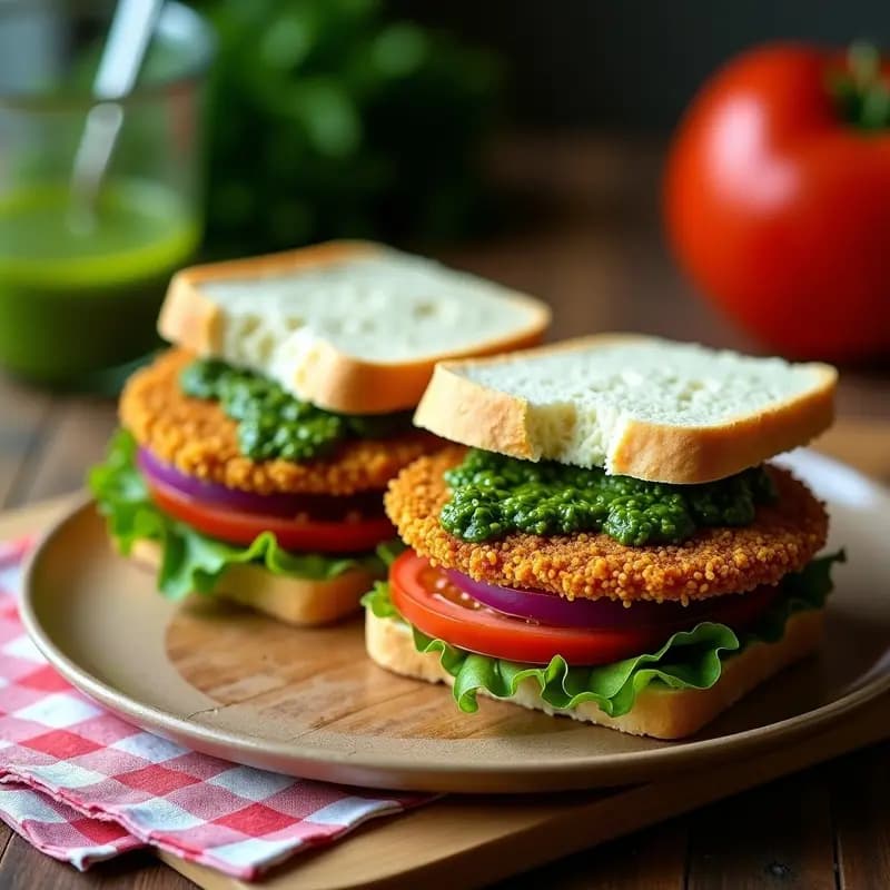 Sándwich de miga integral abierto mostrando capas de lechuga morada, tomate, milanesa de berenjena crujiente dorada y chimichurri verde, servido en un plato rústico de madera con fondo de cocina argentina.